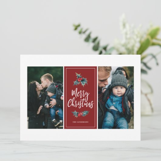 Elegant Painted Holly | Kerstrode twee foto Feestdagenkaart (Staand voorkant)