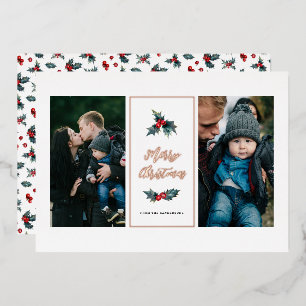 Elegant Painted Holly Two Photo Merry Kerstmis Folie Feestdagenkaart