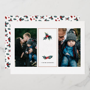 Elegant Painted Holly Two Photo Peace and Love Folie Feestdagenkaart