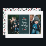 Elegant Painted Holly Two Photo Prettige feestdage Feestdagenkaart<br><div class="desc">Verzend liefde met deze stijlvolle kaarten, die twee fotomalplaatjes en een centrum van het kleurenblok (die in blauwgroen groen worden getoond - de kleur kan worden aangepast, indien gewenst) bevatten. Ontwerpelementen zijn moderne typografische aflezing, "Prettige feestdagen" en twee holly bessen en bladeren. De achterzijde van de kaart bevat een holly...</div>