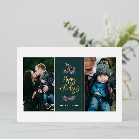 Elegant Painted Holly Two Photo Prettige feestdage Folie Feestdagenkaart (Staand Voorkant)