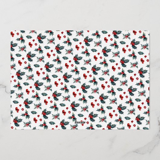 Elegant Painted Holly Two Photo Prettige feestdage Folie Feestdagenkaart (Achterkant)