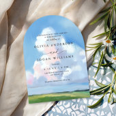 Elegant Painted Landscape Blue Sky Clouds Wedding Kaart