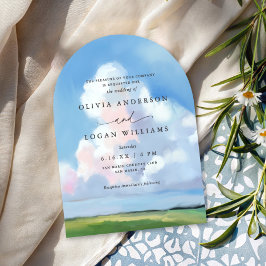 Elegant Painted Landscape Blue Sky Clouds Wedding Kaart