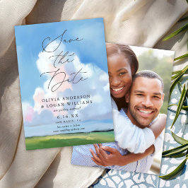 Elegant Painted Landscape Blue Sky Clouds Wedding  Save The Date