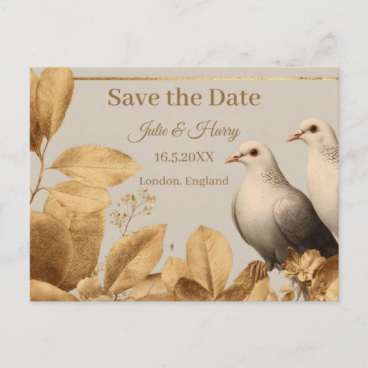 Elegant Pair of Doves with Gold Leaf Save the Date Briefkaart (Voorkant)