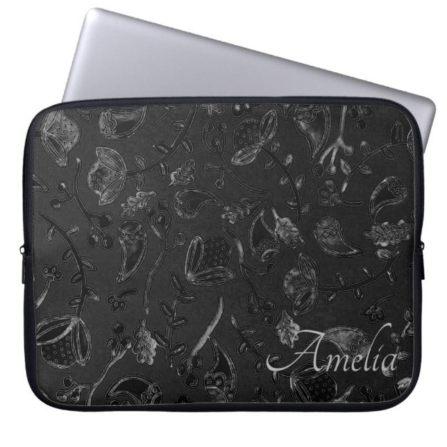 Elegant Paisley Floral Black Personalised Laptop Sleeve (Voorkant)