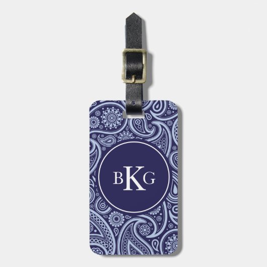 Elegant Paisley Pattern Custom Monogram Navy Blue Bagagelabel (Voorkant verticaal)
