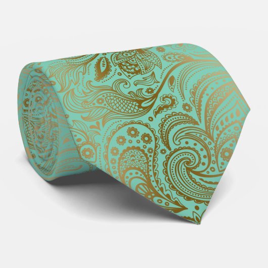 Elegant  Paisley Pattern Mint-groen & Goud Stropdas (Opgerold)