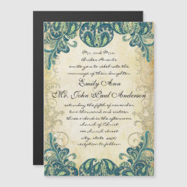 Elegant Paisley Peacock Blue Green en Gold Magnetische Uitnodiging