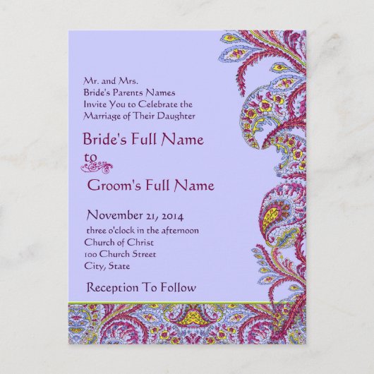 Elegant  Paisley Wedding Invitation Uitnodiging Briefkaart (Voorkant)
