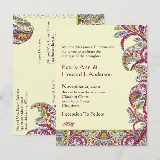 Elegant  Paisley Wedding Invitation Uitnodiging Briefkaart (Voorkant / Achterkant)