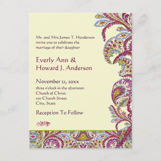Elegant  Paisley Wedding Invitation Uitnodiging Briefkaart (Voorkant)