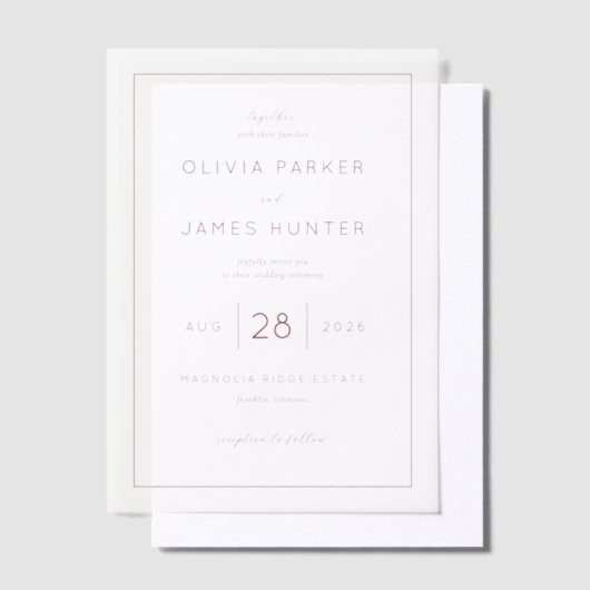 Elegant Pale Pink Minimalist Wedding Invitation Vellum Uitnodigingen (Offset)