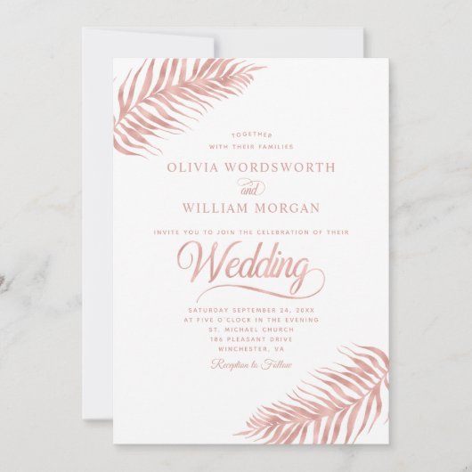 Elegant Palm Leaf Roos Gold White Tropical Weddens Kaart (Voorkant)