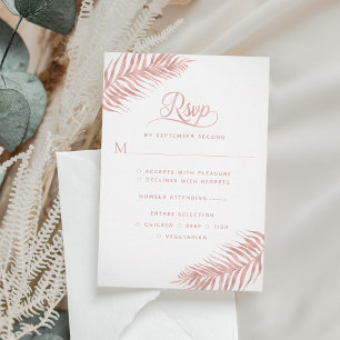 Elegant Palm Leaf Roos Gold White Wedding RSVP Kaartje