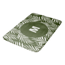 Elegant Palm Leaves Dark Green Monogramed Badmat