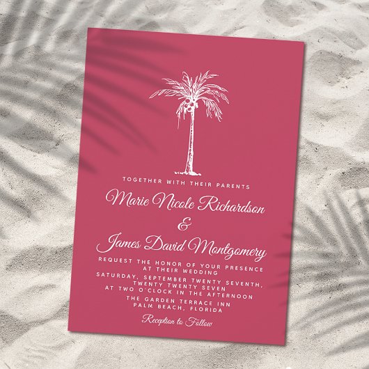 Elegant Palm Magenta Foral Beach Wedding Kaart