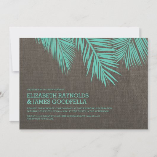 Elegant Palm Tree Burlap Wedding Invitations Kaart (Voorkant)