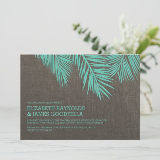 Elegant Palm Tree Burlap Wedding Invitations Kaart (Staand voorkant)