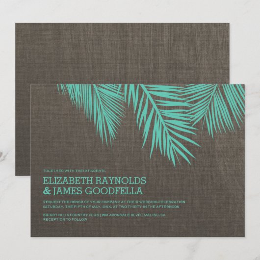 Elegant Palm Tree Burlap Wedding Invitations Kaart (Voorkant / Achterkant)