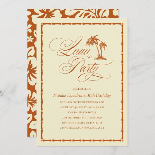 Elegant Palm Tree Hawaiian Luau Party Invitations Kaart (Voorkant / Achterkant)