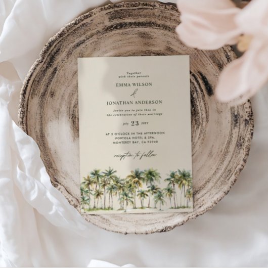 Elegant Palm Tree Wedding Invitation with QR Code Kaart