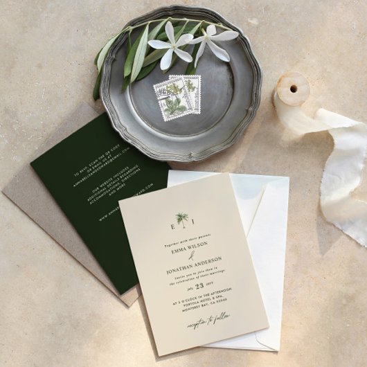 Elegant Palm Tree Wedding Invitation with QR Code Kaart