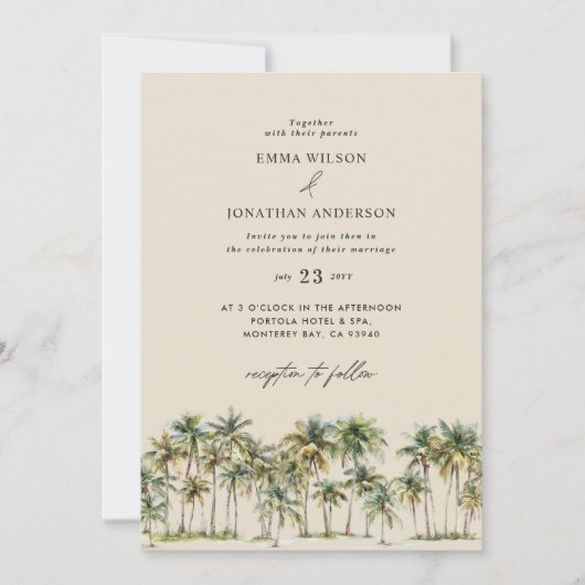 Elegant Palm Tree Wedding Invitation with QR Code Kaart (Voorkant)