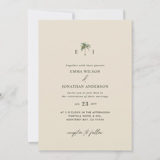 Elegant Palm Tree Wedding Invitation with QR Code Kaart (Voorkant)
