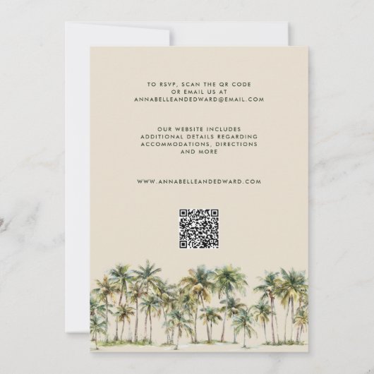 Elegant Palm Tree Wedding Invitation with QR Code Kaart (Achterkant)
