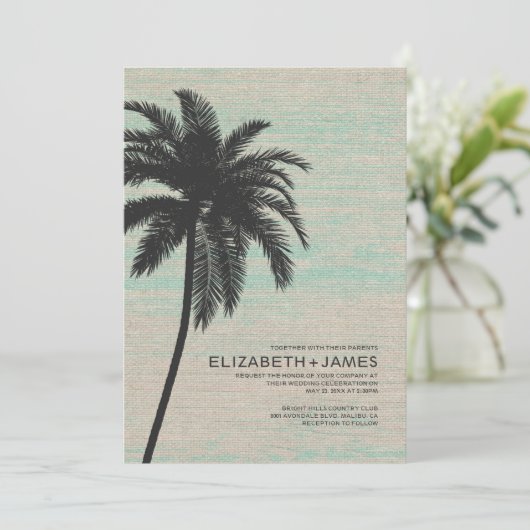 Elegant Palm Trees Burlap Wedding Invitations Kaart (Staand voorkant)
