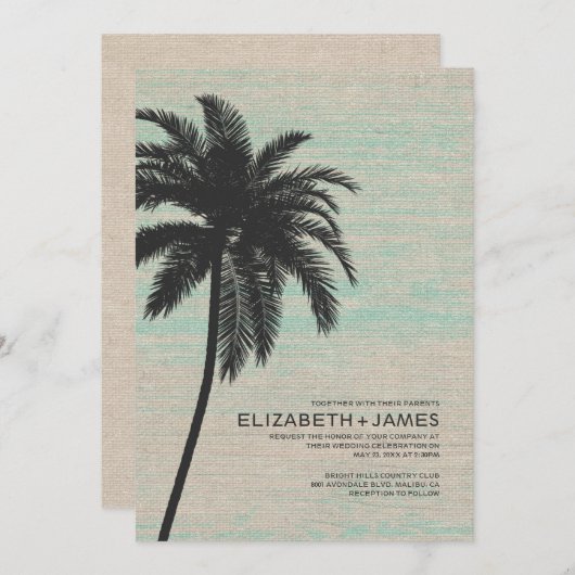 Elegant Palm Trees Burlap Wedding Invitations Kaart (Voorkant / Achterkant)