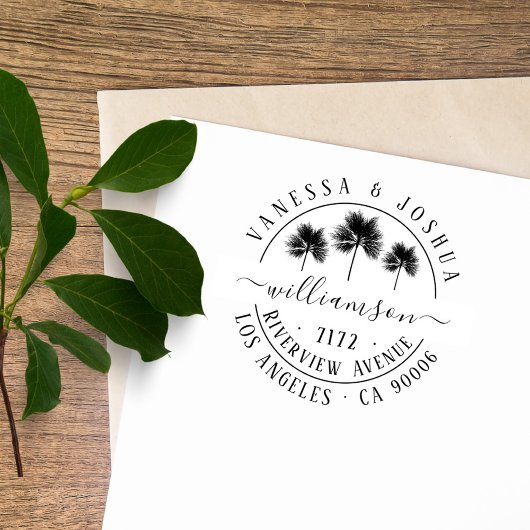 Elegant Palm Trees Couple Family Return Address Zelfinktende Stempel
