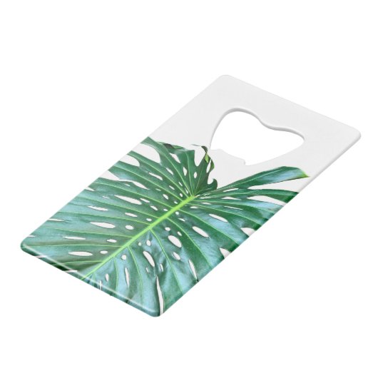 Elegant palmblad tropisch oerwoud regenwoudblad creditkaart flessenopener (Voorkant Gekanteld)