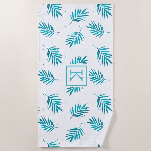 Elegant palmbladeren patroon blauw-groen en wit strandlaken (Voorkant)