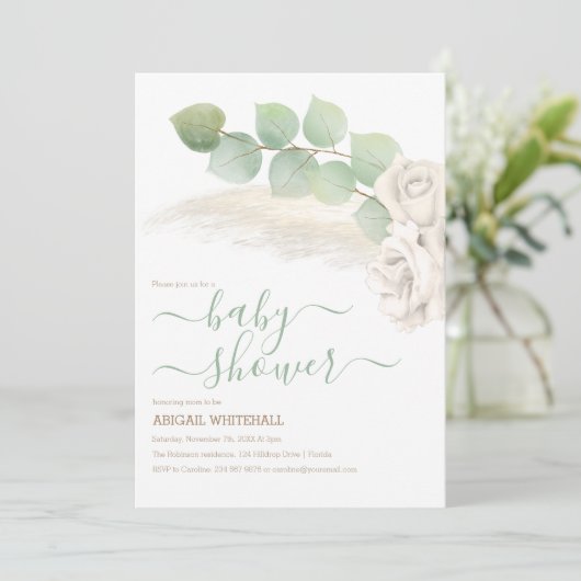 Elegant pampas en ivoren Rozen tonen uitnodiging (Staand voorkant)