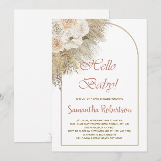 Elegant Pampas Grass Bohemian Roos Baby shower Kaart (Voorkant / Achterkant)