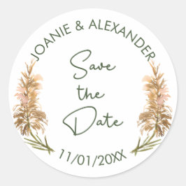 Elegant Pampas Grass Bruiloft Save the Date Ronde Sticker