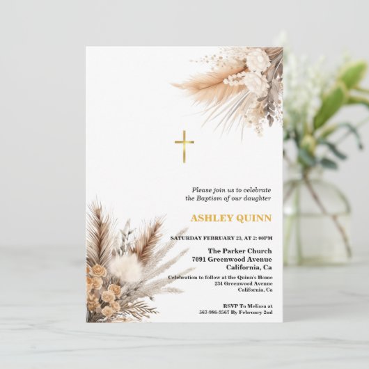 Elegant Pampas Grass Cross Doop & Doop Kaart (Staand voorkant)