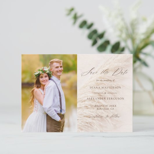 Elegant Pampas Grass Photo Save the Date Card (Staand voorkant)