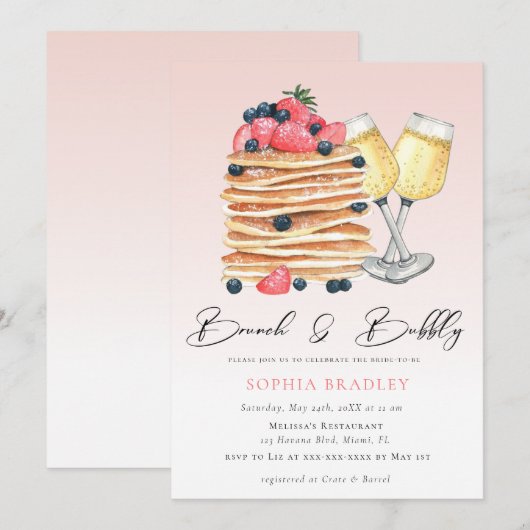 Elegant Pancakes Pink Bridal Brunch Uitnodiging (Voorkant / Achterkant)