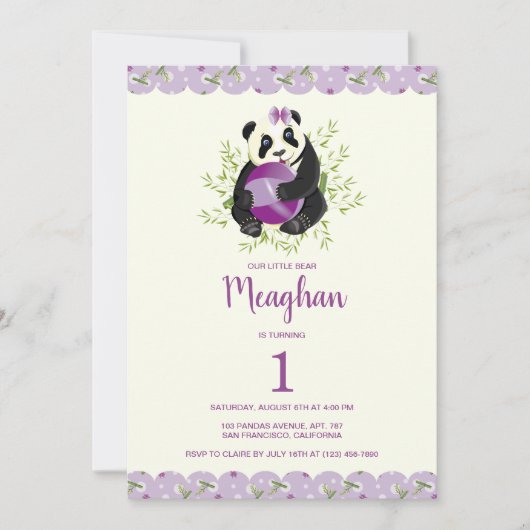 Elegant Panda Girly 1ste verjaardag Bleek Lila Ivo Kaart (Voorkant)