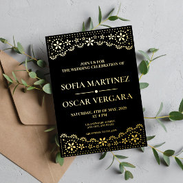 Elegant Papel Picado Black en Gold Folie Uitnodiging