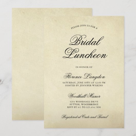 Elegant papier Bridal Luncheon Kaart (Voorkant / Achterkant)