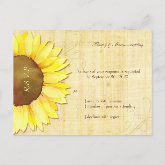 Elegant Papyrus Sunflower Wedding RSVP Uitnodiging Briefkaart (Voorkant)