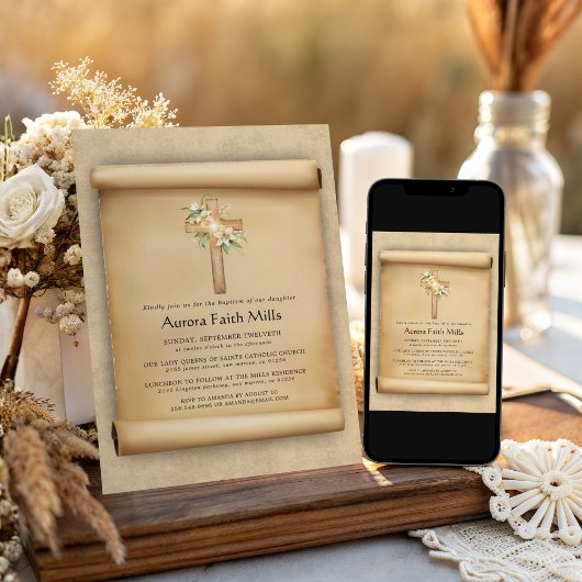 Elegant Parchment Cross Baptism  Kaart