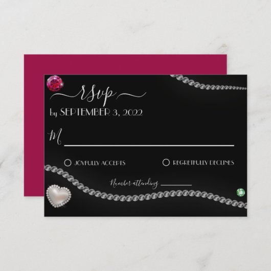 Elegant parels en juwelen op het zwarte satijnhuwe RSVP kaartje (Voorkant / Achterkant)