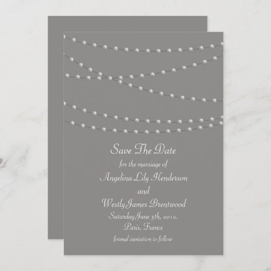 Elegant parels op grijs sparen de datum save the date (Voorkant / Achterkant)