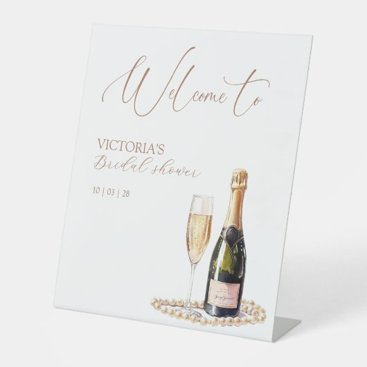 Elegant Parels & Prosecco Vrijgezellenfeest Welkom Reclamebord Met Voetstuk (Voorkant)
